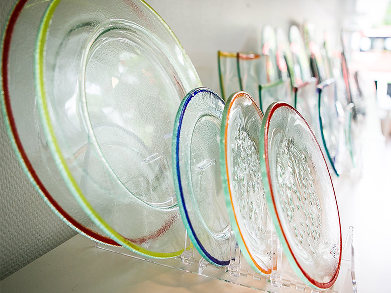 glass for food preparation and serviceRound Glass Plates with colored rim for Norwegian Designer