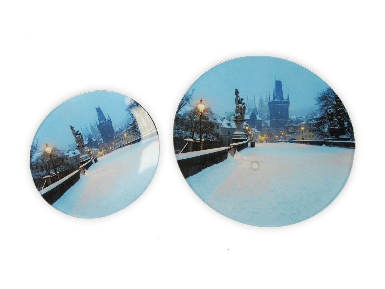 glass giftsGlass Souvenir Round plate - all-surface decal with winter Praque motive