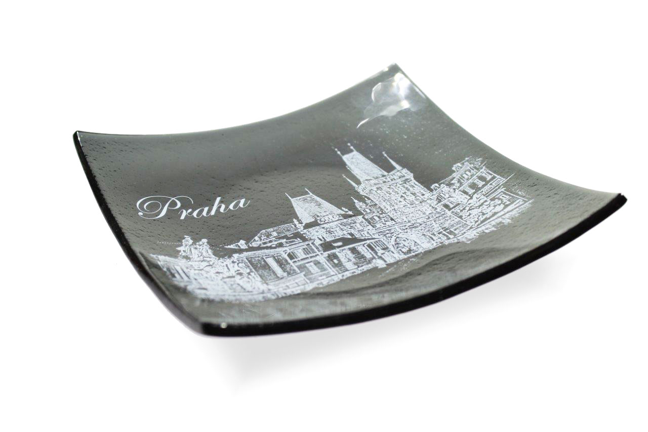 glass giftsGlass Souvenir Square plate - all-surface decal with Praque motive II